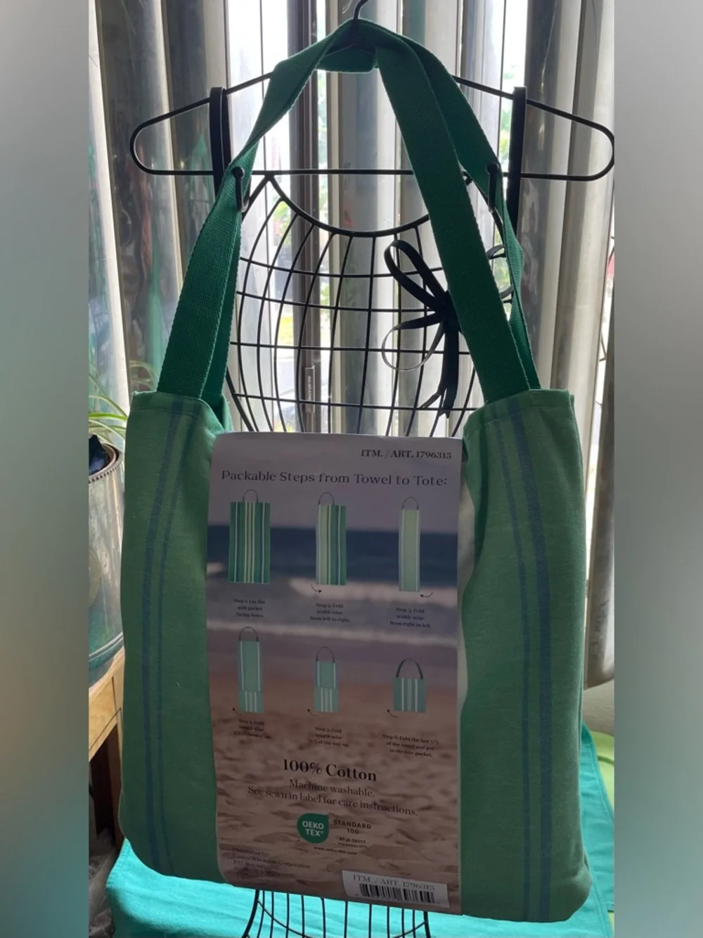 2-in-1 Beach Towel & Tote Bag - Striped Green and Pink Options